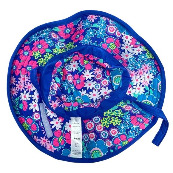 COOLIBAR Baby Splashy Bucket Hat w/ Chin Strap UPF 50+ Blue Floral 6-12mo - Picture 4 of 6